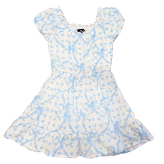 White dress with blue bow and heart print, puff sleeves, by Flowers By Zoe, showing the front view of the cute, stylish dress.
