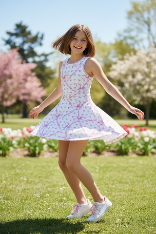 White dress by Flowers By Zoe with pink bow and heart pattern, featuring a poly fabric and a cute, feminine design.