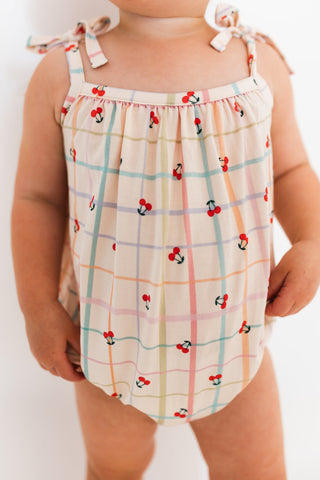 In My Jammers Cherry Grid Bubble Romper