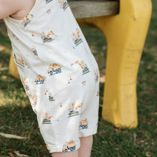 Petit Lem Diggers print sleeveless romper in off-white, featuring a playful digger design for infants and toddlers.