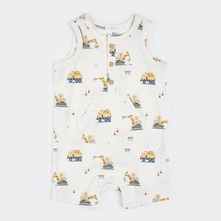 Off-white sleeveless romper by Petit Lem with a playful diggers print for babies or toddlers.