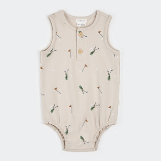 Petit Lem golf caddy print sand ribbed bubble romper for babies, featuring playful golf-themed design and comfortable ribbed fabric.