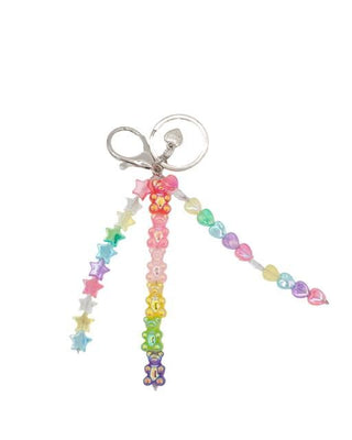 Bari Lynn Bag Charm - Gummy Bear
A silver-tone keychain charm featuring three dangling strands of colorful beads: one with pastel star beads, one with pastel flower beads, and one with pastel heart beads, all attached to a lobster clasp and split ring.
