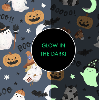 Angel Dear Long Sleeve Loungewear Set - Glow in the Dark Costumed Ghosts
Halloween-themed pattern with ghosts, pumpkins, and bats on a dark background with 'Glow in the Dark!' text.