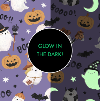 Angel Dear Long Sleeve Loungewear Set - Glow in the Dark Costumed Ghosts Purple
Halloween-themed fabric with pumpkins, ghosts, and bats on a purple background with 'Glow in the Dark!' text.