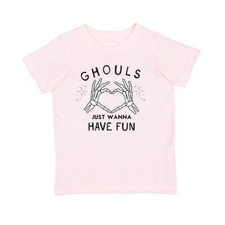 Sweet Wink Ghouls Just Wanna Have Fun Halloween Short Sleeve T-Shirt
A light pink short-sleeve t-shirt with a black graphic print on the front that reads 'GHOULS JUST WANNA HAVE FUN' with skeleton hands forming a heart shape.