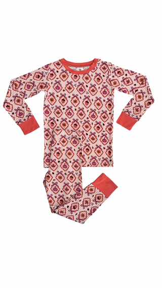 In My Jammers Fall Snuggles Two Piece Set  Children's pajama set with red and pink geometric pattern on a white background