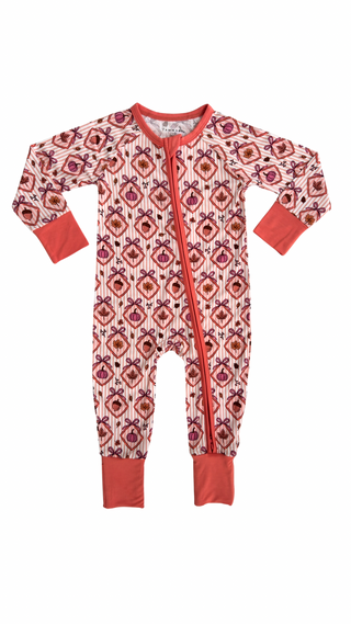 In My Jammers Fall Snuggles Zipper Romper Baby onesie with red and pink pattern on a white background