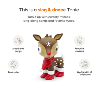 Tonies Character: Favorite Children’s Songs: Holiday Songs 2
Toy reindeer with text about sing & dance Tonie features on a white background