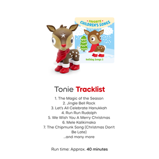 Tonies Character: Favorite Children’s Songs: Holiday Songs 2
Toy reindeer with a Tonie tracklist on a white background