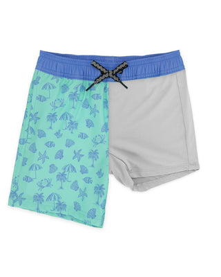 Feather 4 Arrow Sandy Shores swim trunks with a vibrant, beach-inspired pattern and comfortable fit, displayed laid flat.