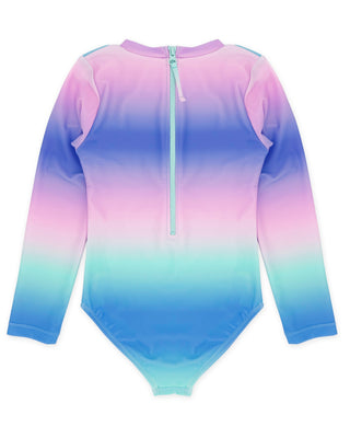Feather 4 Arrow Wave Chaser Sunset Sky rashguard, one-piece swimwear featuring a vibrant sunset sky design on lightweight fabric.