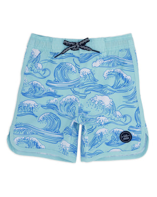 Feather 4 Arrow Scallop Boardshort - Canal Blue
Light blue swim shorts with wave pattern on a white background