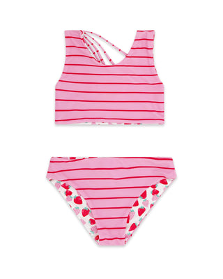 Feather 4 Arrow Summer Sun Reversible Bikini - Multi
Pink and white striped swimsuit with heart details on a white background