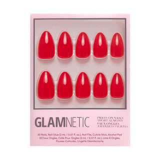 Glamnetic Press-On Nails Short Almond - Fiery Red 
Glamnetic press-on nails with red design on a pink packaging