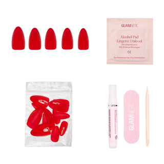 Glamnetic Press-On Nails Short Almond - Fiery Red
Set of red false nails with packaging and a GLAMETIC alcohol pad on a white background