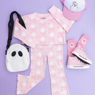 Sweet Wink Coquette Ghost Halloween Sweatshirt & Flare Legging Set Pink children's outfit with ghost pattern on a purple background