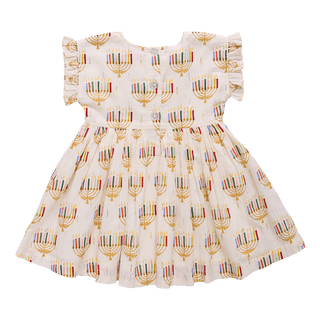 Pink Chicken Girls Adaline Dress - Colorful Menorahs
Children's dress with Menorah pattern on a white background