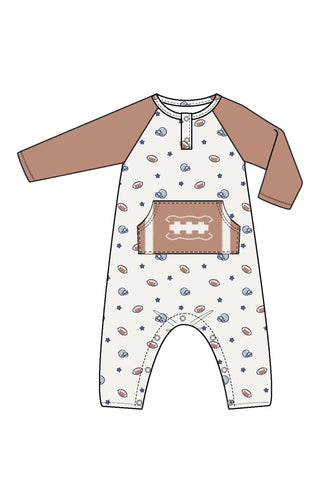 Angel Dear, Angel Dear Long Sleeve Raglan Henley Romper with Kanga Pocket - Footballs and Stars - Basically Bows & Bowties