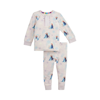 Magnificent Baby Magnetic Me x Disney Frozen modal ruffle long-sleeve pajama set for girls, featuring Elsa and Olaf design.