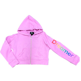 FBZ Rainbow Dreamer Pink Zip Up Hoodie Pink hoodie with 'Dreamer' text on sleeve against a white background
