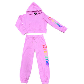FBZ Rainbow Dreamer Pink Zip Up Hoodie Pink tracksuit with 'Dreamer' text on a white background