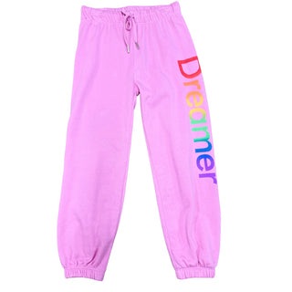 FBZ Rainbow Dreamer Pink Joggers Pink sweatpants with 'Dreamer' printed on the side against a white background