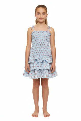 Flowers By Zoe FBZ smocked blue gingham flower dress, full-length view showing ruffled sleeves and floral pattern on lightweight fabric.