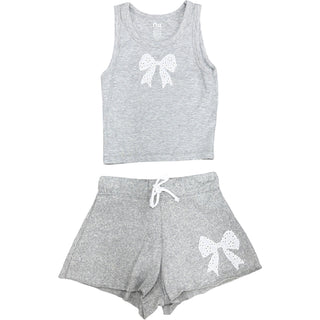 FBZ White Eyelet Bow Mist Grey Shorts
Gray tank top and shorts set with white bow designs on a white background