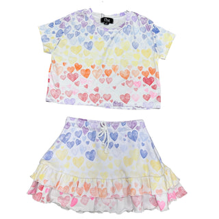 FBZ Faded Hearts Boxy Tee
FBZ Faded Hearts Skort
Two-piece outfit with a colorful heart-patterned top and skirt on a white background