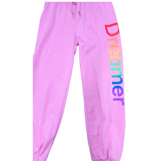 FBZ Rainbow Dreamer Pink Joggers Pink sweatpants with 'Dreamer' text on a white background