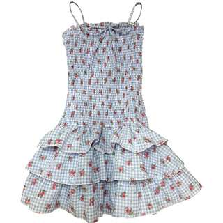 FBZ Smocked Blue Gingham Flower Dress