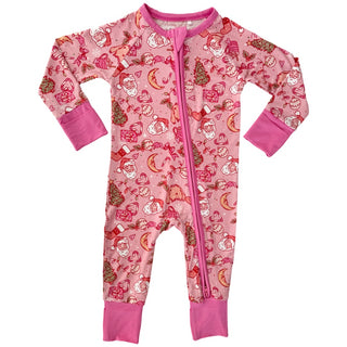 In My Jammers, In My Jammers x Bre Sheppard Christmas Doodle Dreams Zipper Romper - Pink - Basically Bows & Bowties