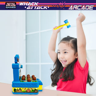 Whack Attack Arcade - Light and Sound Hammer Game
Child playing with a 'Whack Attack Arcade' game, with retro gaming logo at the top.