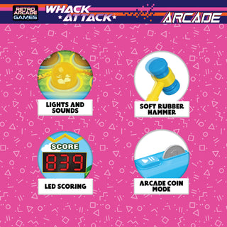 Whack Attack Arcade - Light and Sound Hammer Game
Product features of a 'Whack Attack Arcade' game on a pink background with geometric patterns.