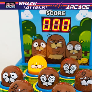 Whack Attack Arcade - Light and Sound Hammer Game
Arcade game machine with cartoon animal characters and a score display.