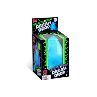 Schylling NeeDoh Galactic Glow Dream Drop toy with glowing, colorful, stretchy slime in a clear container, ideal for sensory play.
