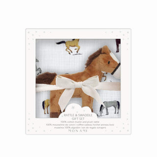 Mon Ami Swaddle & Rattle Gift Set - Chantilly Horse Horse-themed rattle and swaddle gift set with a bow on a white background