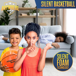 Anywhere Sports - Silent Basketball
Children with a basketball in a living room setting, featuring 'Anywhere Sports' branding and 'Silent Foam Technology' logo.