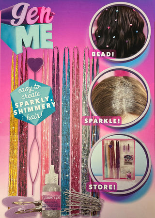 US Toy Company GenME Sparkling Hair Tinsel Studio with colorful shimmering hair strands and styling accessories