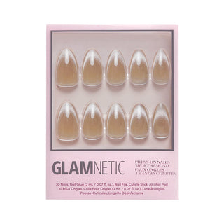 Glamnetic Press-On Nails Short Almond - Honey Bun
Glamnetic press-on nails packaging with nail samples on a pink background