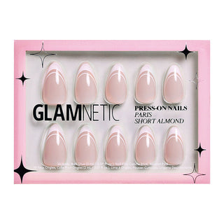 Glamnetic Press-On Nails Short Almond - Paris
Glamnetic press-on nails in short almond shape with pink and white design on a pink box.