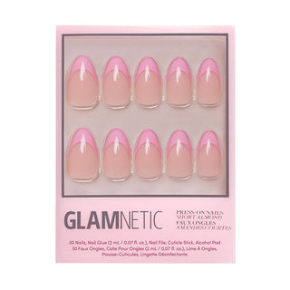 Glamnetic Press-On Nails Short Almond - Pink Macaron
Box of Glamnetic press-on nails with pink and clear design on a white background