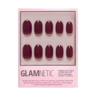 Glamnetic Press-On Nails Short Round - Berry Maroon
Glamnetic press-on nails in burgundy color on a pink packaging with brand name.