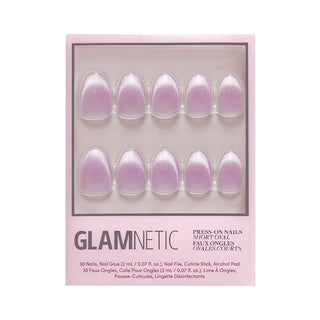 Glamnetic Press-On Nails Short Round - Fairy Dust
GlamNetic press-on nails packaging with pink and clear nails on a white background