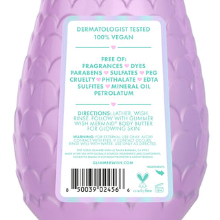 Glimmer Wish Mermaid Body Wash - Fragrance Free & Dye Free
Purple bottle with a label detailing product information and ingredients on a white background