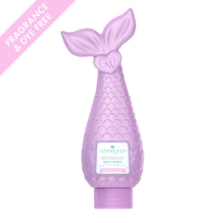 Glimmer Wish Mermaid Body Wash - Fragrance Free & Dye Free
Purple mermaid-shaped body wash bottle with a label on a white background