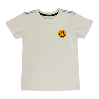 Front view of a natural-colored Tiny Whales Good Dude Tee, a casual cotton T-shirt with a simple, stylish design.