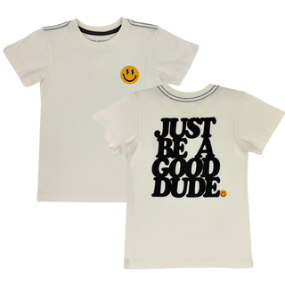 Front and back view of Tiny Whales Good Dude Tee in natural color, featuring a casual cotton T-shirt with graphic design.