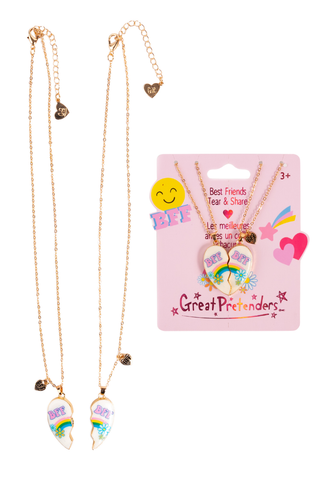 Great Pretenders Tear & Share Necklaces - Bodacious Besties
Necklace with heart-shaped pendant on gold chain, displayed with packaging featuring 'Great Pretenders' branding.